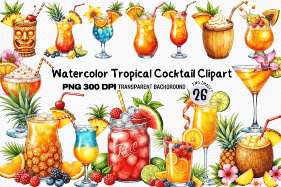 Download Watercolor Tropical Cocktail Clipart PNG - Cocktail Collection